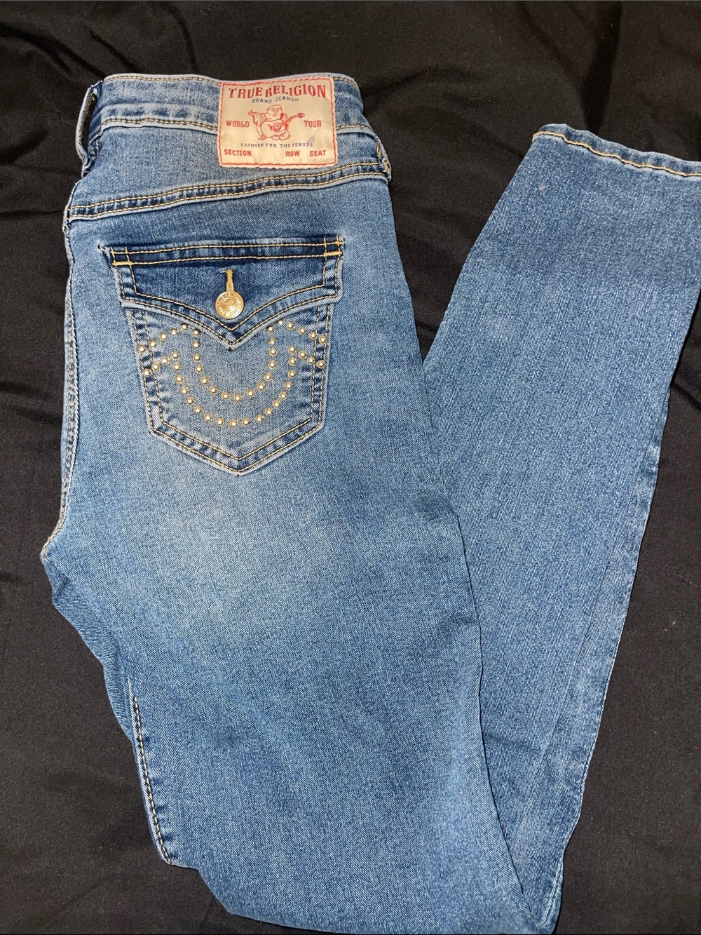 True Religion Light Blue Skinny Jeans with Gold Stud Detailing